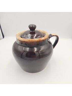 Vintage Handmade Brown Drip Glaze Bean Pot with Lid and Handle USA Crock Bowl